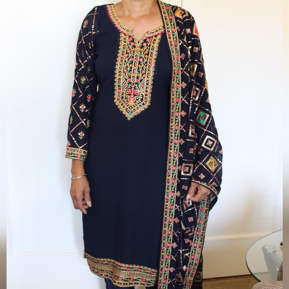 Dresses & Skirts - Navy Embroidered Indian Suit with Dupatta and Pants